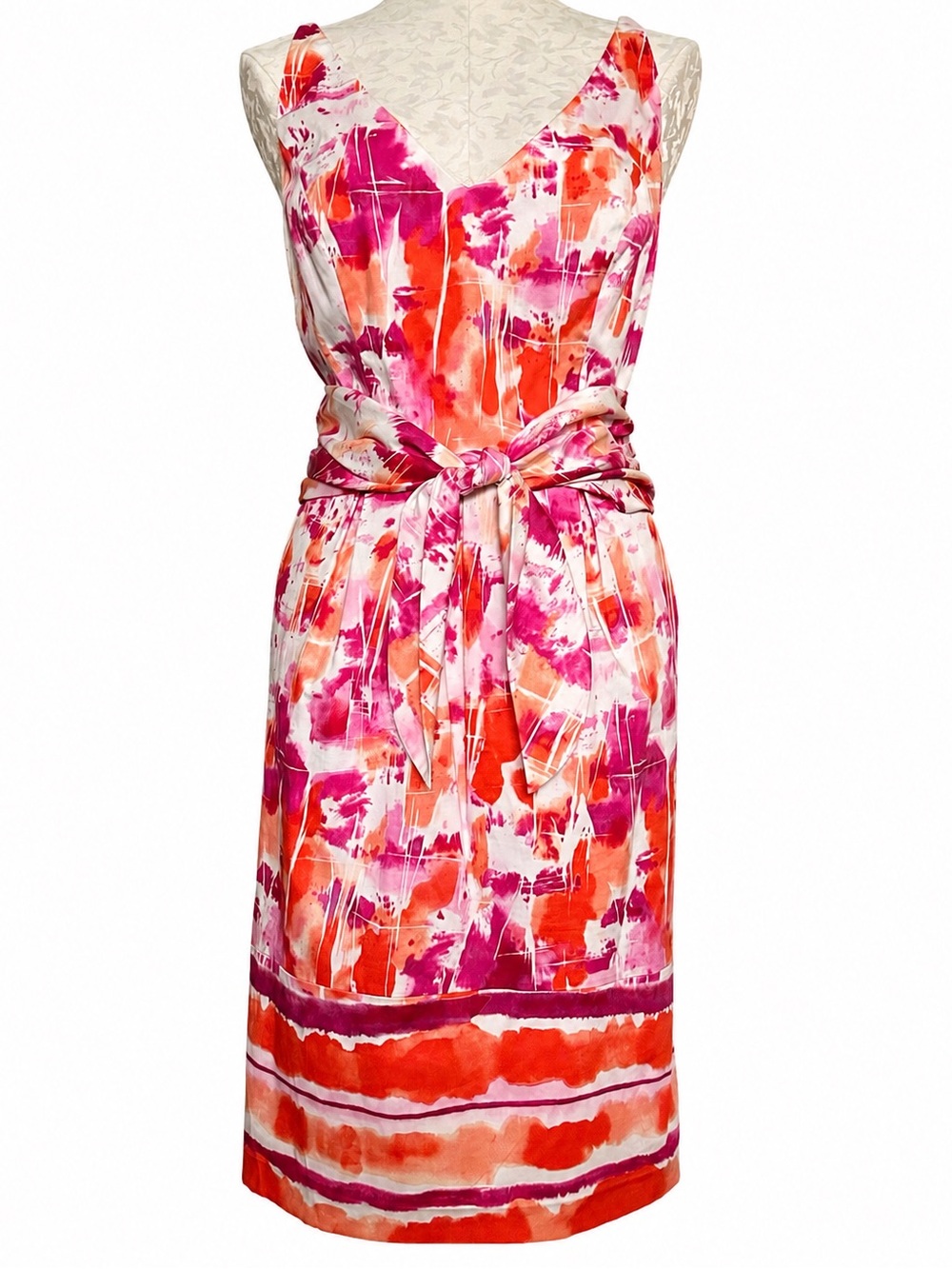 Aidan Mattox Abstract Watercolor Sheath Dress with Attached Belt & Pockets Sz 14